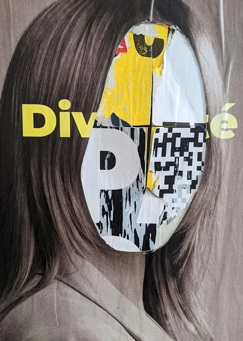 Collage cut into a face on a poster, Personal projects, Paris, 2024. Photo by Iheb Fehri